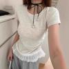 Camiseta de Verano para Mujer con Encaje en el Dobladillo, Patchwork, Manga Corta, Cuello Redondo, Estilo Coreano Dulce, Ajuste Delgado, Diseño Plisado