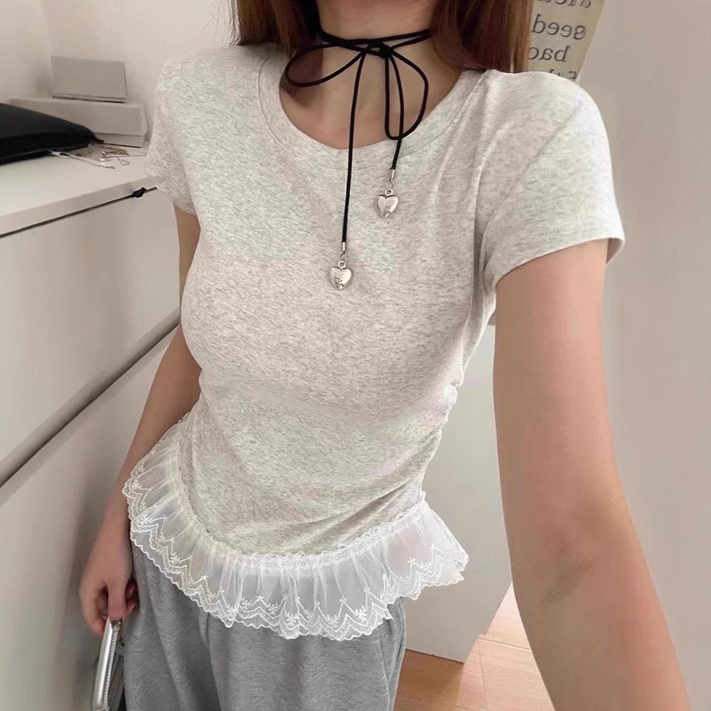 Women's Summer Lace Lace Hem Patchwork Short Sleeved Round Neck T-shirt Korean Sweet Slim Fit Pleated Design Top