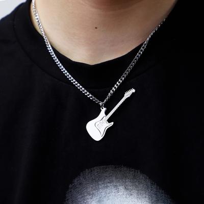 Men Necklace Punk Cool Hip Hop Personality Stainless Steel Bass Guitar Pendant Clavicle Necklace
