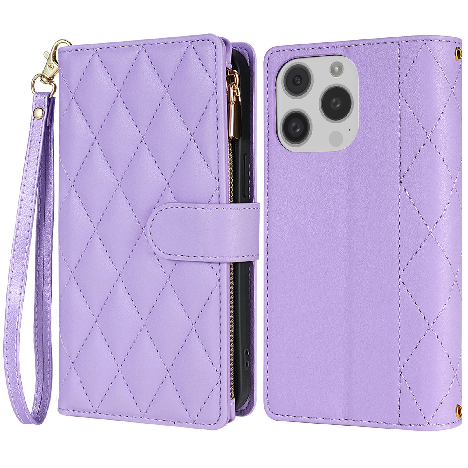 

CSJ-P2 For iPhone 16 Pro Wallet Case Stitching Leather Phone Cover with Straps Light Purple