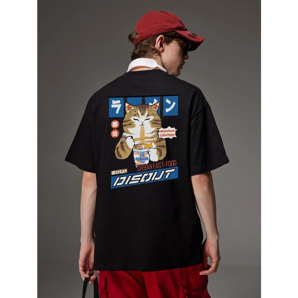 Harajuku Cat Cartoon Graphic Men Tshirt Casual Baggy Short Sleeve T-shirt Japanese Style Oversized T Shirt Y2k Men's Clothing