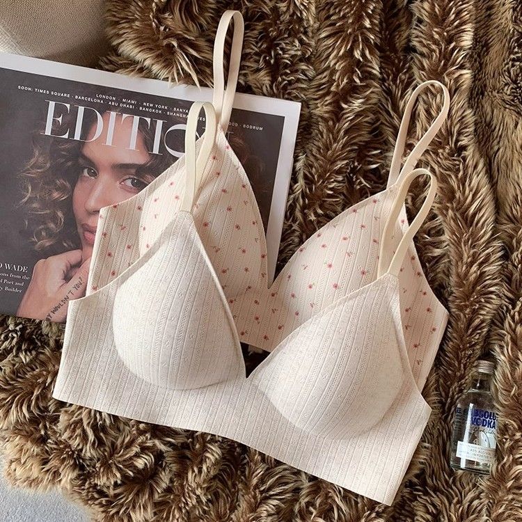 Women's Summer Sweet Floral Seamless Bra Push-Up Naked Feeling Soft Support Anti-Drooping Side Boob Control Underwear