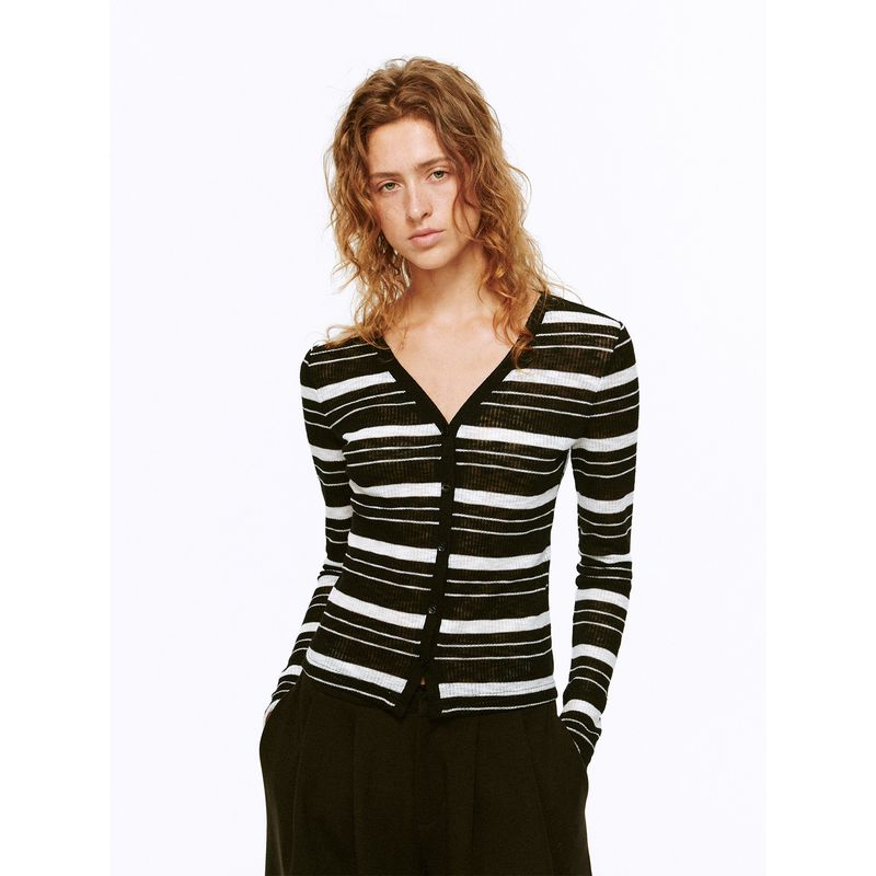 Redolence 25 Early Autumn Lace Sheer Patchwork Striped Knit Long Sleeve Cardigan Women's Commuting Versatile Top