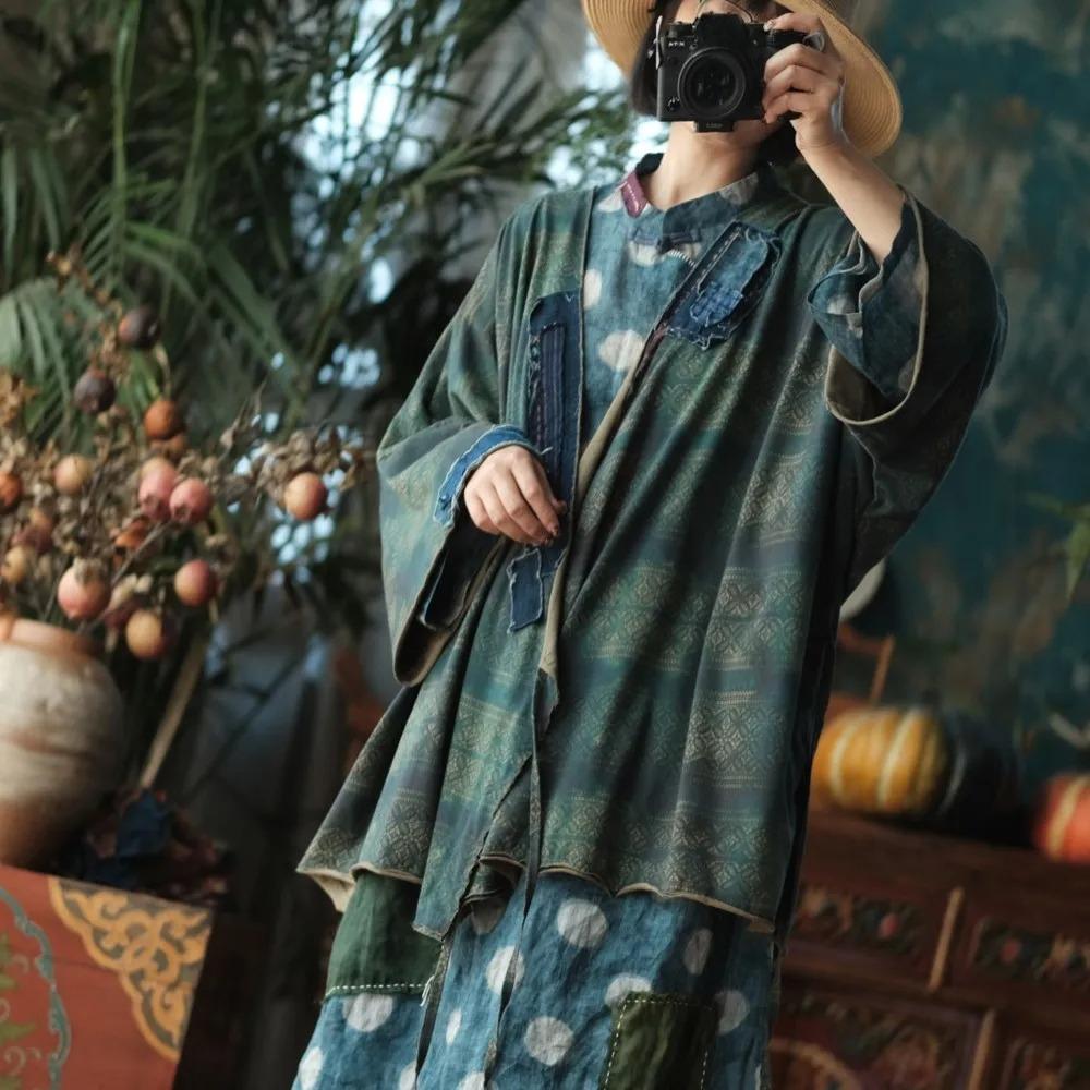 Johnature Camicie Vintage da Donna Top Primavera Stile Cinese Stampa Floreale Cintura Camicette Scollo a V Patchwork Camicie