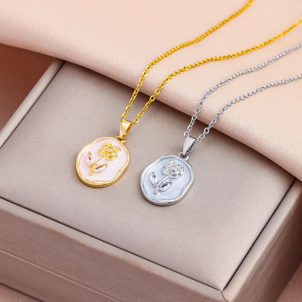 Top Luxury Gold Plated Elegant Retro Oval Rose Pendant Necklaces For Women Female Stainless Steel Neck Chain Jewelry Gift