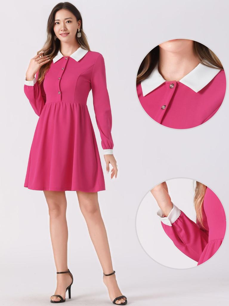 Allegra K Women's Fuchsia Short Dress with Long Sleeves, Vintage A-Line Design, Round Collar, and Contrast Half Placket, Size M