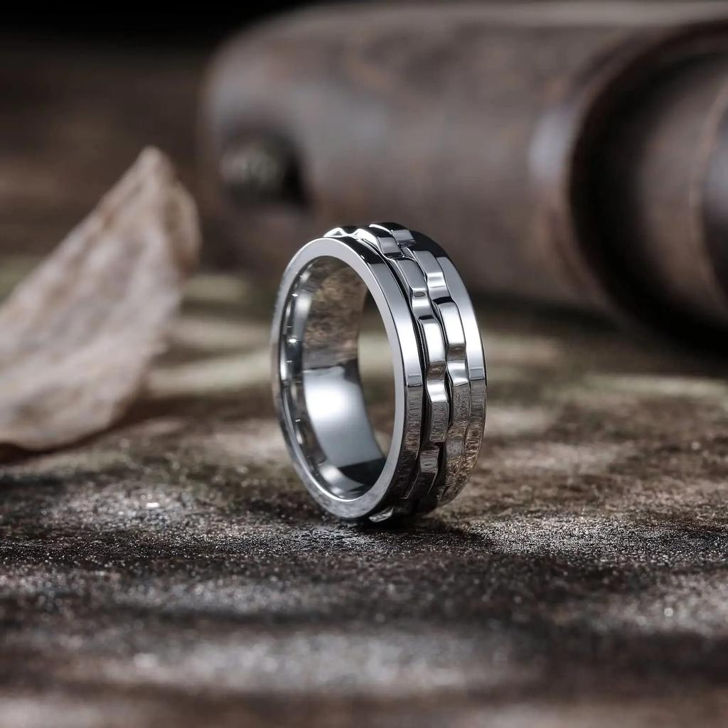 Fashion Anti Stress Stainless Steel Rings For Men Gear Chain Rotating Anxiety Relief Spinning Fidget Rings Hiphop Punk Jewelry