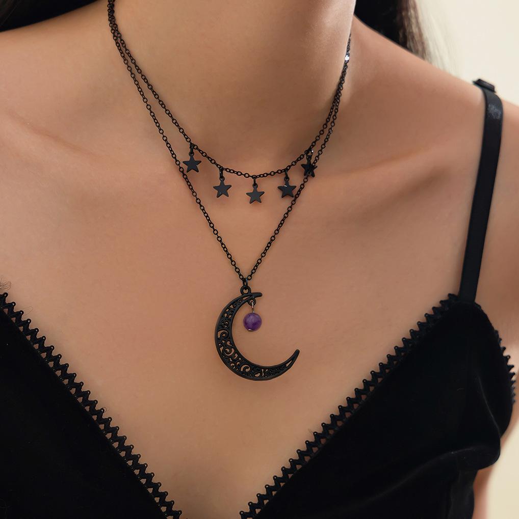 Dark Wind Hollow Moon Star Pendant Necklace, Personalized Geometric Metal Chain Clavicle Necklace