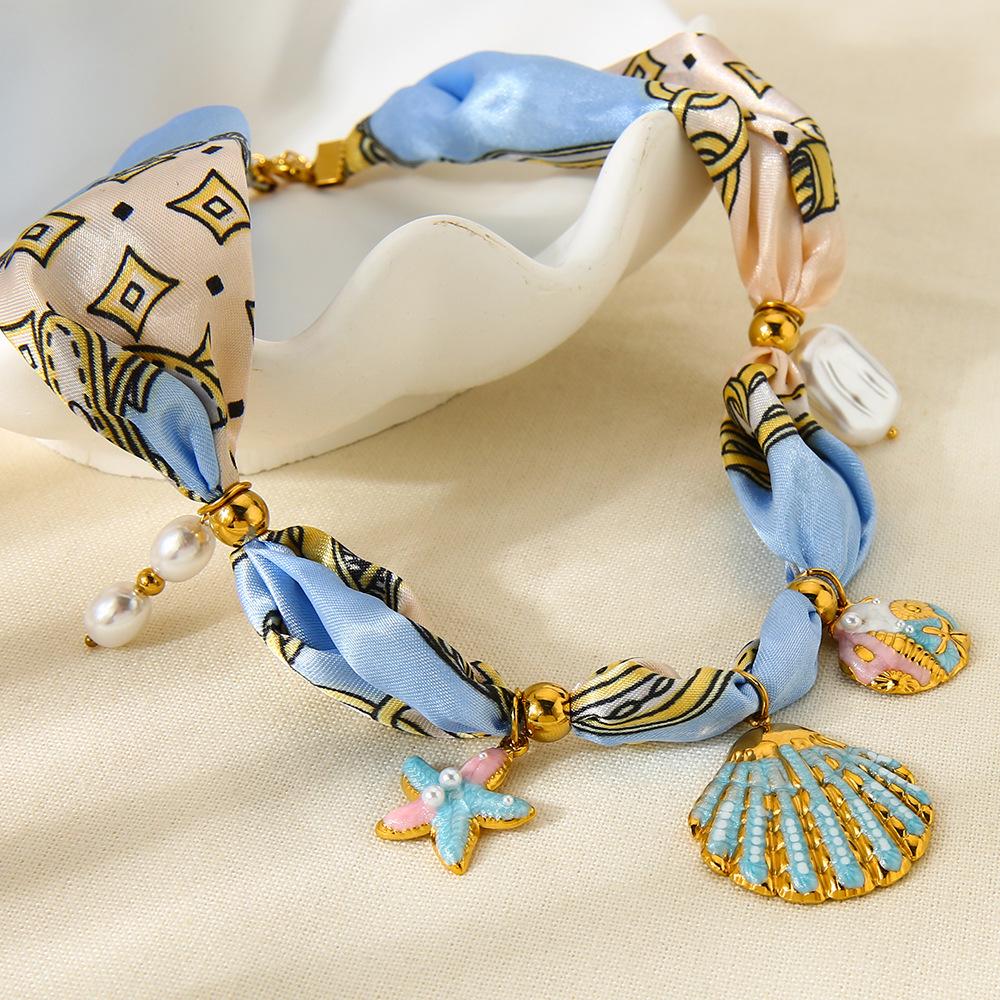 Niche stainless steel DIY pearl shell starfish pendant, silk scarf necklace 18K gold light luxury jewelry accessories women