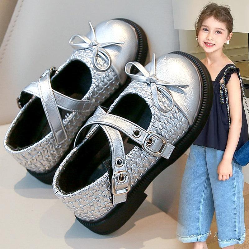 Kids Fashion Leather Shoes Spring Children Mary Jane Bean Shoes Girls Bow Princess Flat Shoes