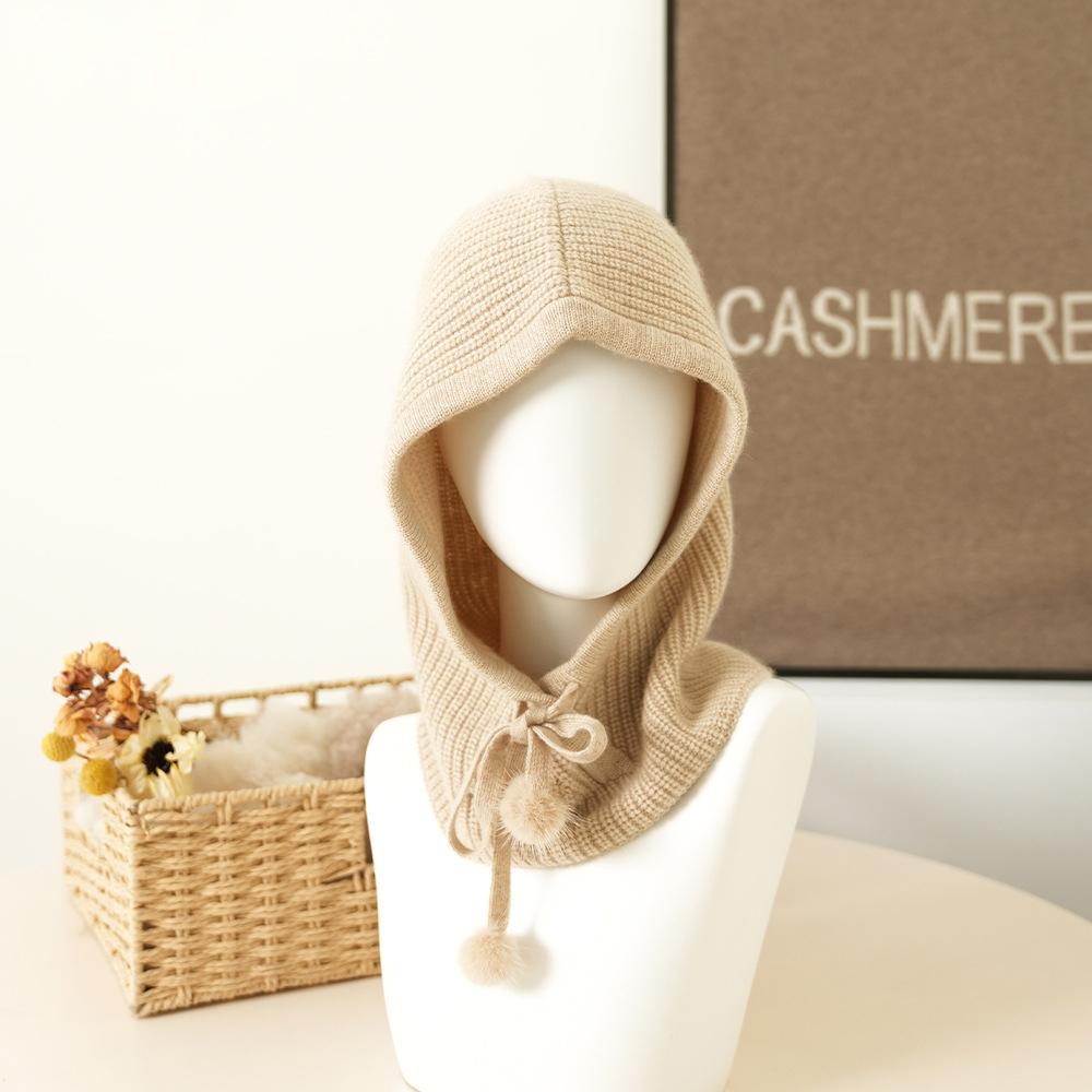 Custom Rib Knitted Inner Mongolian Cashmere Beanie Hat Luxury Fashion Women Winter Warm Cashmere Neck Warmer Hoodie Hat
