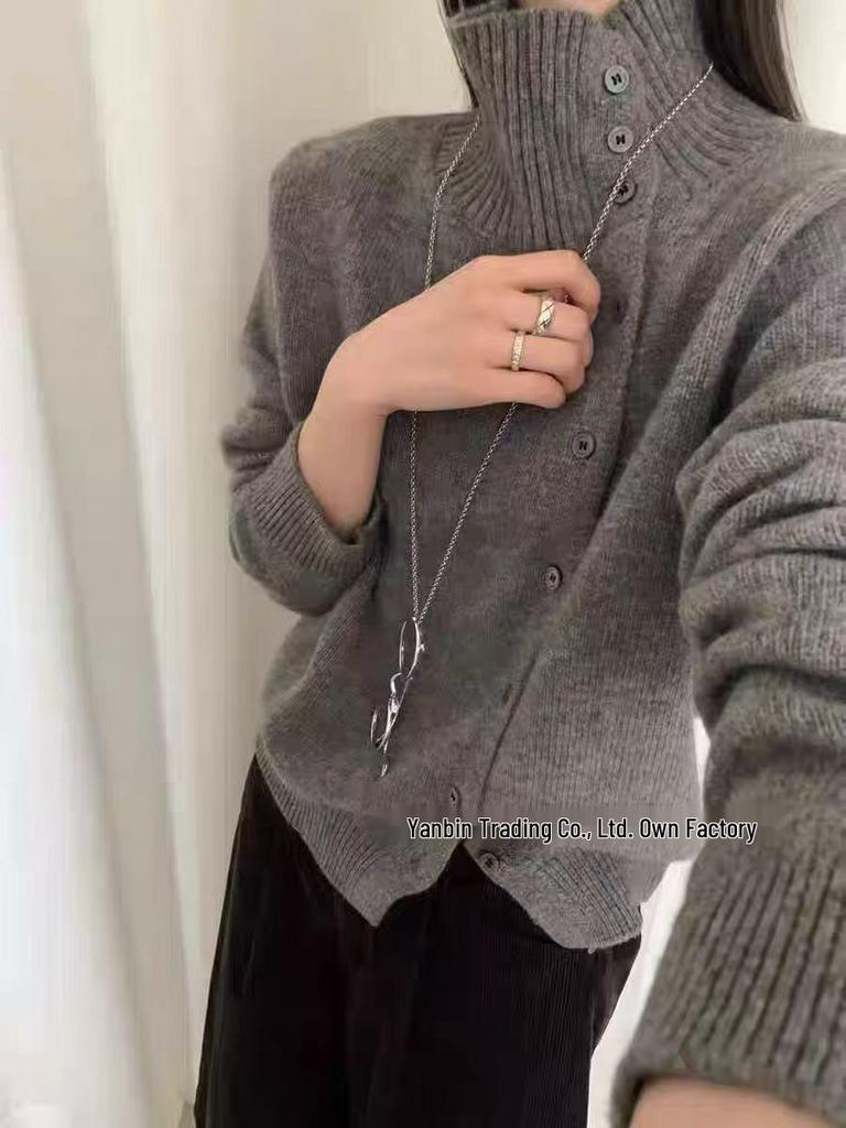 Women's Asymmetrical Button-Up Wool Cardigan - Soft High Neck Knit Sweater for Autumn and Winter Layering