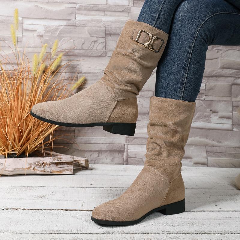 Versatile Metal Buckle Mid-Tube Boots Autumn Fashion Round Head Cow Suede Sleeve Soft Slip Single Boots