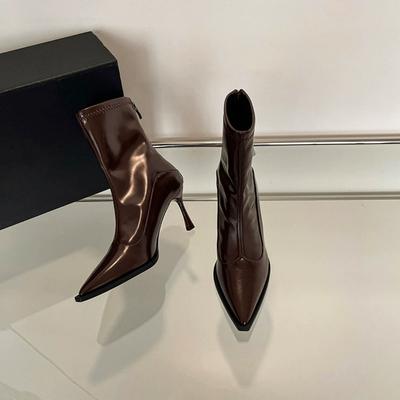 6cm High-heeled Short Boots Women's    Pointed Ankle Boots French Retro Brown Short Boots