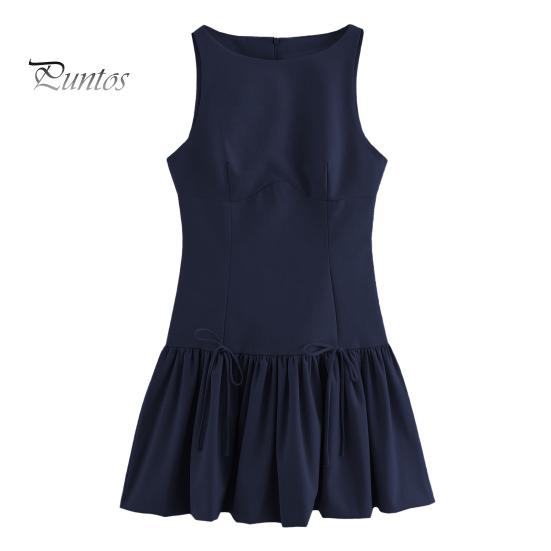 Women Summer Dress Sleeveless Bow Decor Pleated A-line Solid Color Mini Dress Back Zipper Closure O Neck Vest Dress for Dating Party