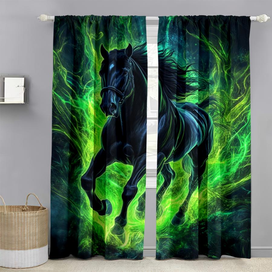 2pcs Enchanted Black Horse & Green Aura Curtains   Perfect for Fantasy/Bohemian Window Decor  Rod Pocket Curtains
