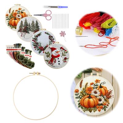 4pcs Embroidery Starter Kit with Embroidery Hoop Needles Threads Instruction Stamped Cross Stitch Kits with Christmas Patterns