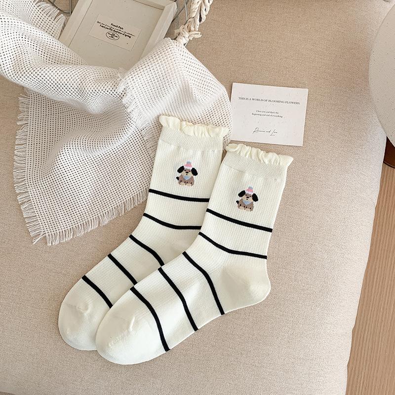 Puppy Socks, Women's Spring and Autumn Cotton Socks, Mid-calf Socks, Trendy and Breathable Cotton Socks, Cute Lace Bubble Opening Pile Socks