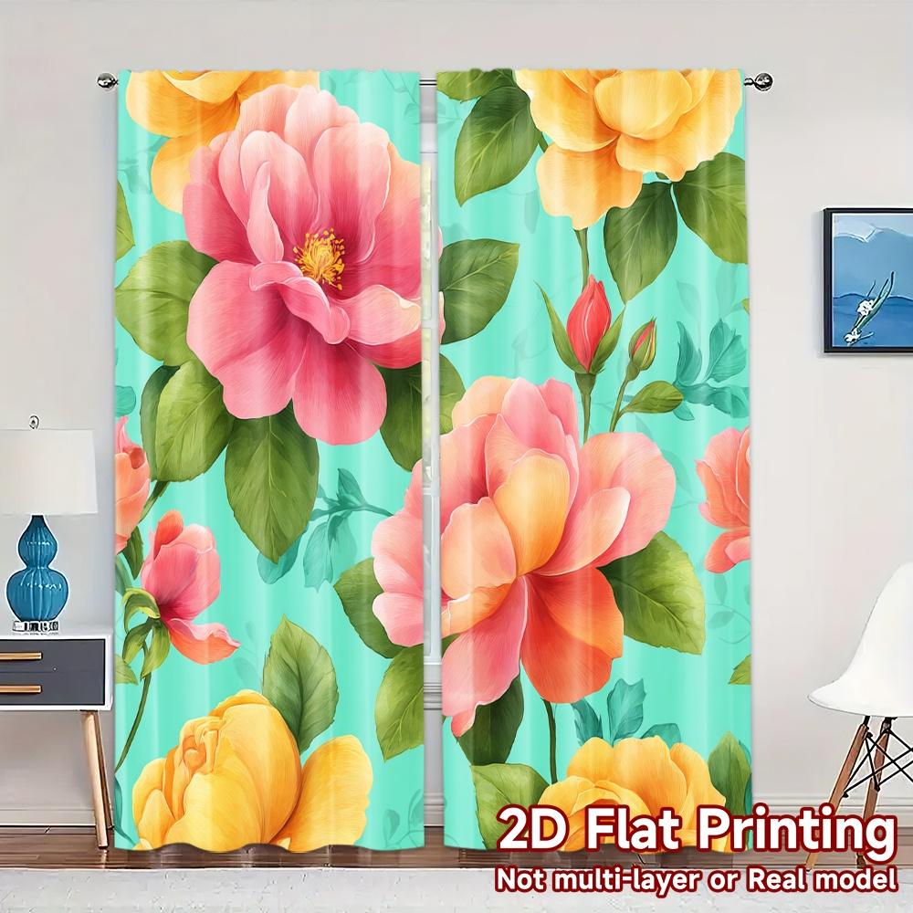 

Set Of 2 Flat Printing Curtains Without Rod Floral Patterns Roses April Fools Is Day Festival Creative Semi Curtain With Light Filtering Polyester W100*H70(CM)-Grommet top&1PCS