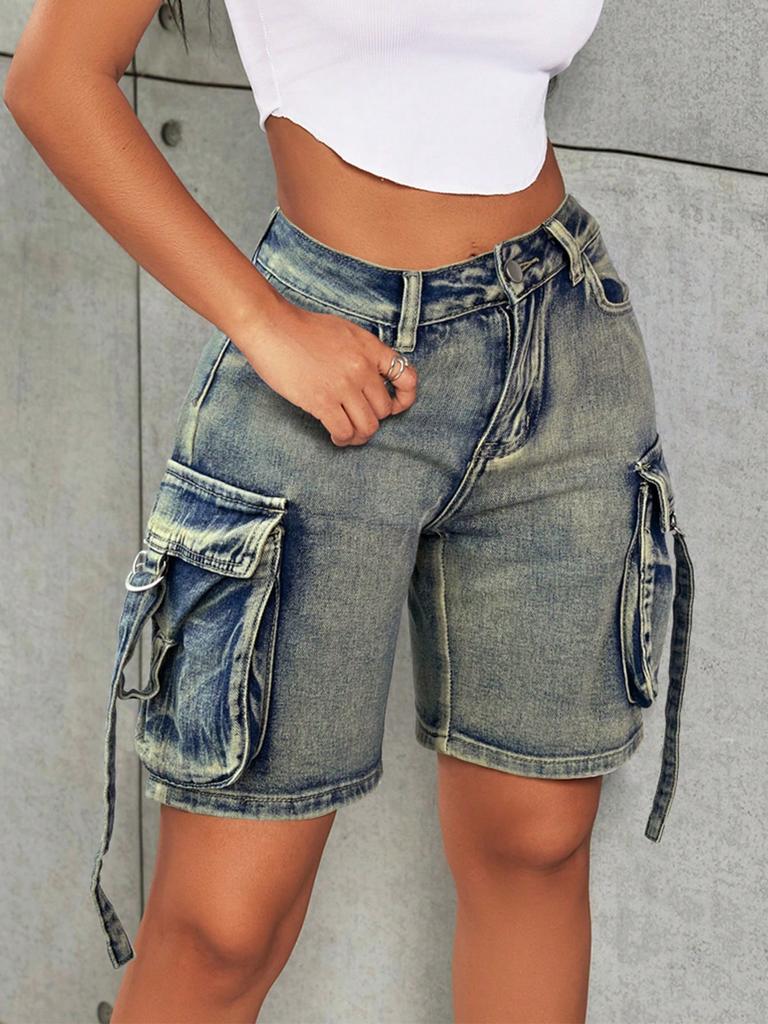 Rose Beauty A Y2K Street High Waist Flap Pocket Tape Detail Work Cargo Denim Bermuda Wide Leg Jean Shorts Summer Comfy Trendy Jorts