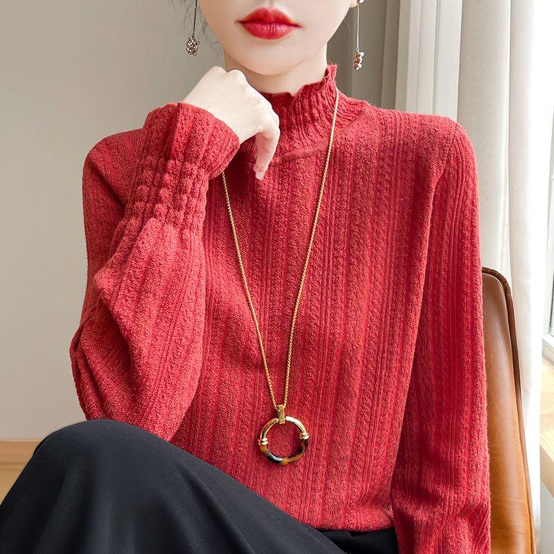 Langärmliger Rollkragen Strick für Damen Sanfte Spitze Rüschen Innenpullover Basisschicht Oberteil