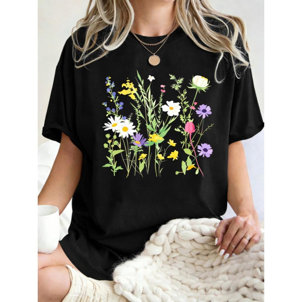Various Flowers And Green Leaves Prints Women T Shirts Casual Sports Tops Y2K Cotton T-Shirt Oversized Short Sleeve