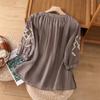 Women Summer Round Neck Three Quarter Sleeve Geometric Embroidery Casual Blouse