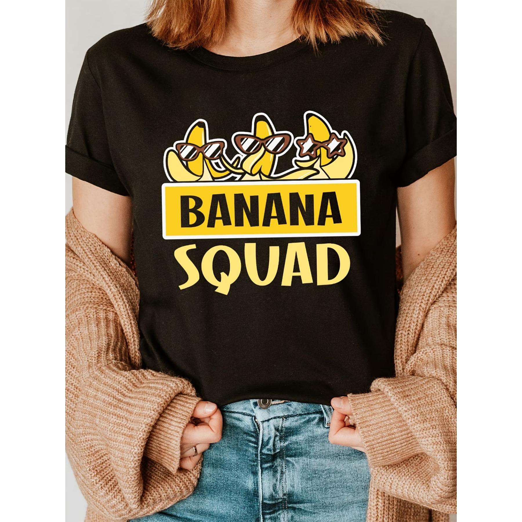 

Glasses Banana Squad Fashion Letter Print T-shirt, Short Sleeve Crew Neck Casual Top for Summer & Spring, Women s Clothing S чёрный