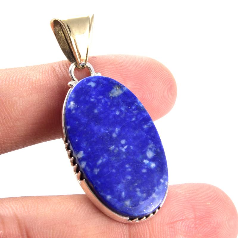 Natural Lapis Lazuli Gemstone 925 Sterling Silver Two Tone Pendant 1.8'' b2q43