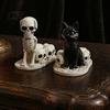 Collectible Resin Pet Sculpture Halloween Dog/Cat Skull Figurine, Gothic Animal Statue Skeleton Cat Dog Ornaments for Desk Fireplace, Spooky