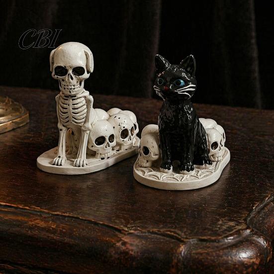 Collectible Resin Pet Sculpture Halloween Dog/Cat Skull Figurine, Gothic Animal Statue Skeleton Cat Dog Ornaments for Desk Fireplace, Spooky