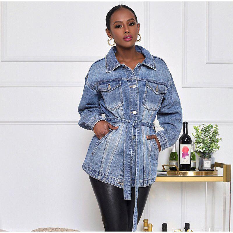 Elegant Lapel Denim Jacket with Belt Women Solid Color Long Sleeve Button Fake Pocket Loose Jacket 2025 Fashion Street Outwear
