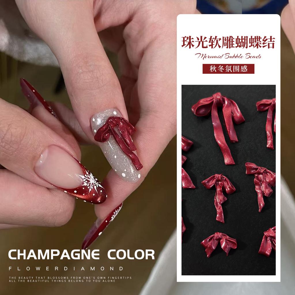 Satin New Red Nail Art Bow Decoration Mixed With Three-dimensional Pearl Ribbon Tie Soft Carving Resin