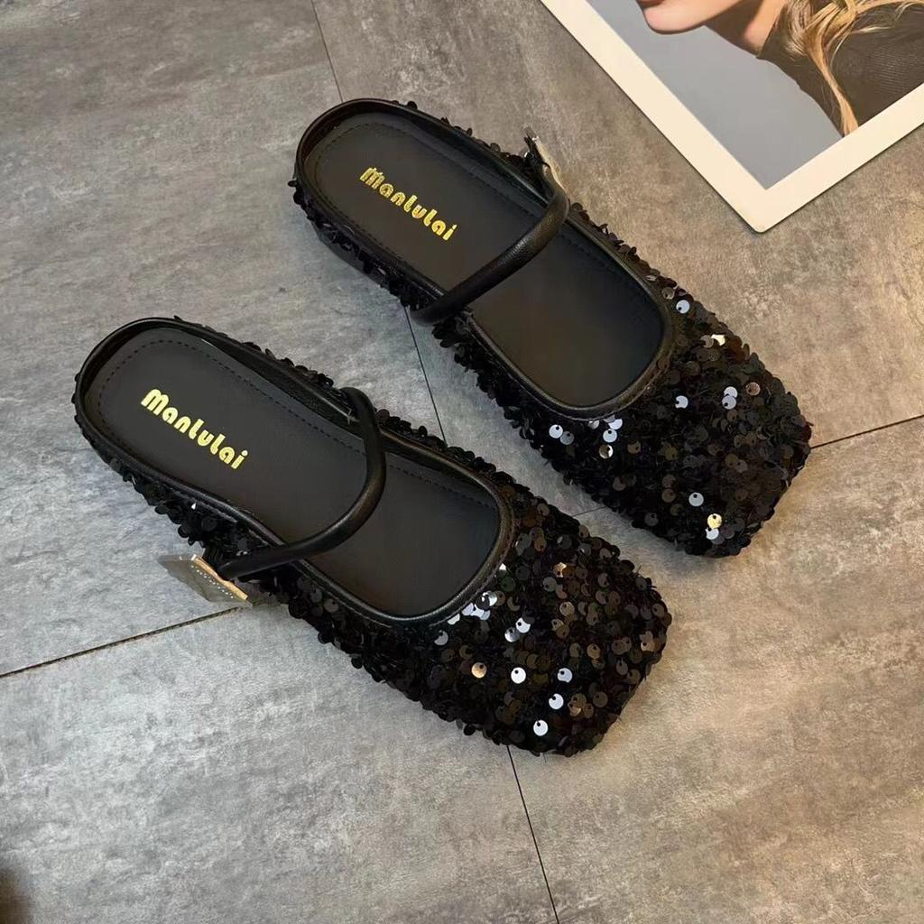 Flat Mary Shoes Internet Celebrity Explosion 2025 Spring and Summer New Silver Bag Head Sequins Single Shoes Square Head Slippers Outside