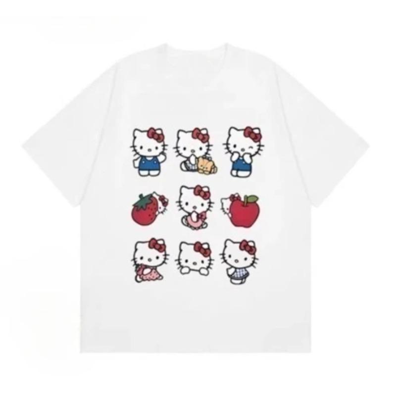 2026 Hello Kitty Printed Loose Casual Cute Fashion Round Neck Cotton SpringSummer Short Sleeved Top for Women Y2K Tshirt