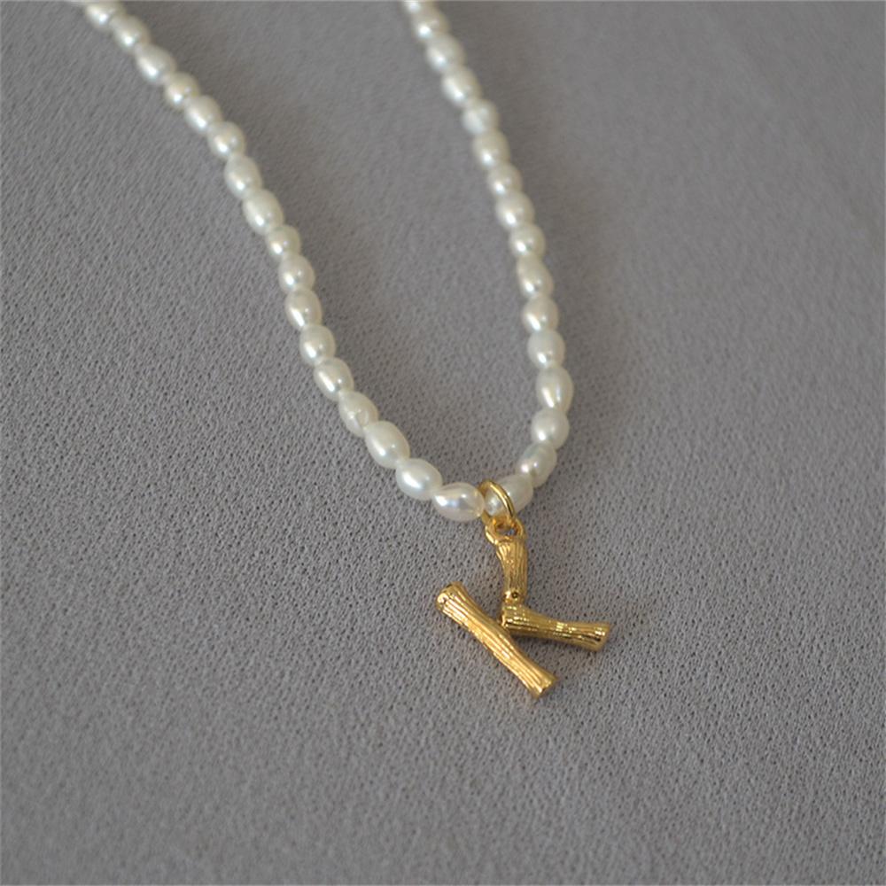 French Vintage Oval Artificial Pearl Chain Necklace For Women Fashion Boho Gold-plate Metal Tree Texture Letter Pendant Jewelry