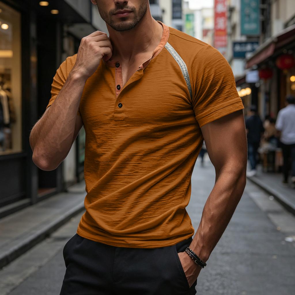 Men Casual Three Button Short Sleeve Henley Shirt Trim Raglan Crewneck Lightweight Summer Top
