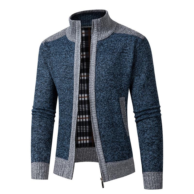Autumn Winter New Style Men Stand Collar Color Block Outer Wear Cardigan Fleece Lined Thick Warm Knit Coat