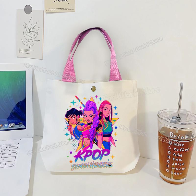 Perfect KPop Demon Hunters Women Canvas Handbag Rumi Mira Zoey Girl Tote Bags Portable Female Phone Pouch Cute Cartoon Shopping Bag