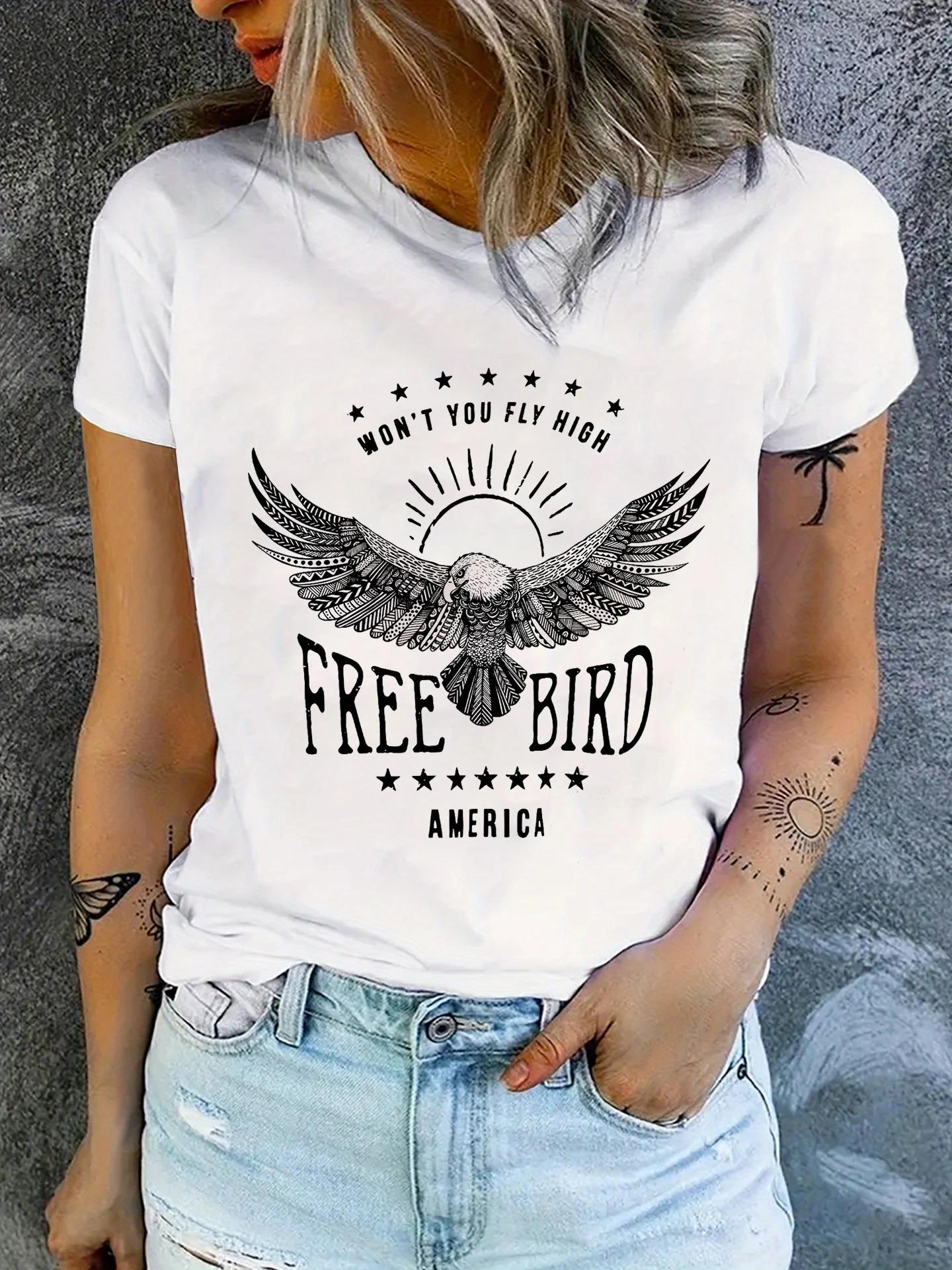 

Women s Rock and Roll Free Bird Print T-Shirt Short Sleeve Casual Top for Spring & Summer with Comfortable and Stylish Clothing S