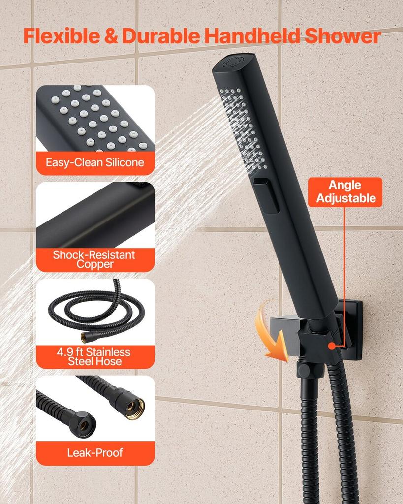 Shower Faucet Set, 254 mm Ceiling Mount Rainfall Shower System with 152 mm Wall Mount Head and 2 in 1 Handheld Spray, Rotatable 3-Function Dual Rain