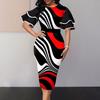 Women O-neck Layer Flared Sleeve Bodycon Dress Irregular Geometric Printing Hip Wrapped Office Lady Work Dress Workwear