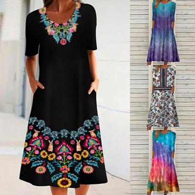 Vestidos casuales de cintura media con cuello redondo y estampado de flores de primavera y verano a la moda para mujer