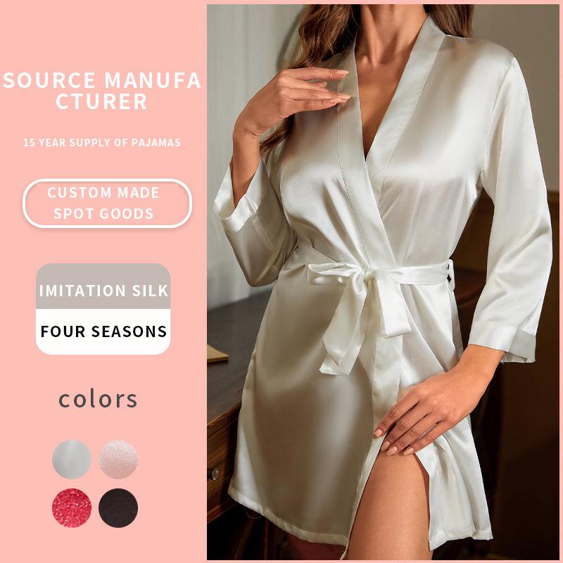 Mid-Sleeve Imitation Silk Women's Tassel Belted Bathrobe Summer Cardigan Pajamas