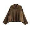 Women's Point Collar Long Sleeve Bomber Jacket Loose Fit Casual Suede Cropped Zip Up Outerwear Spring Fall Fashion Coat