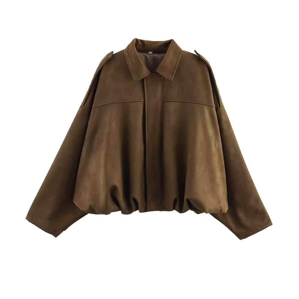 Women's Point Collar Long Sleeve Bomber Jacket Loose Fit Casual Suede Cropped Zip Up Outerwear Spring Fall Fashion Coat