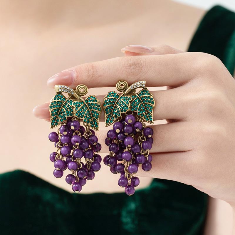 3D Rhinestone Green Leaf & Purple Grape Earrings - Retro Fruit Style