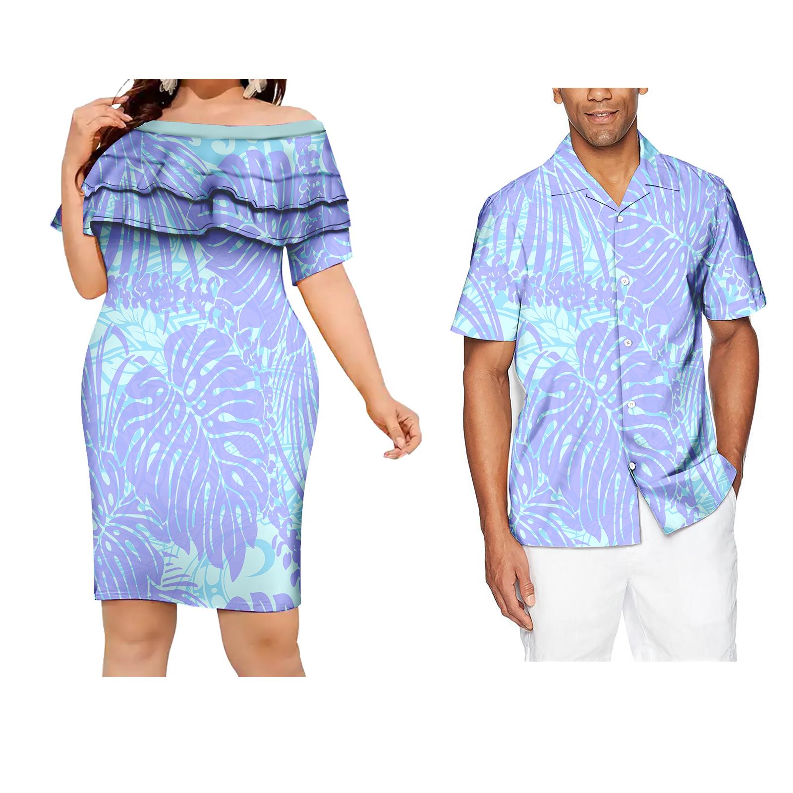 Couple Outfit Polynesian Samoan Puletasi Evening Dresses Women Custom Hawaiian Dress Beachwear Shirt Men-S