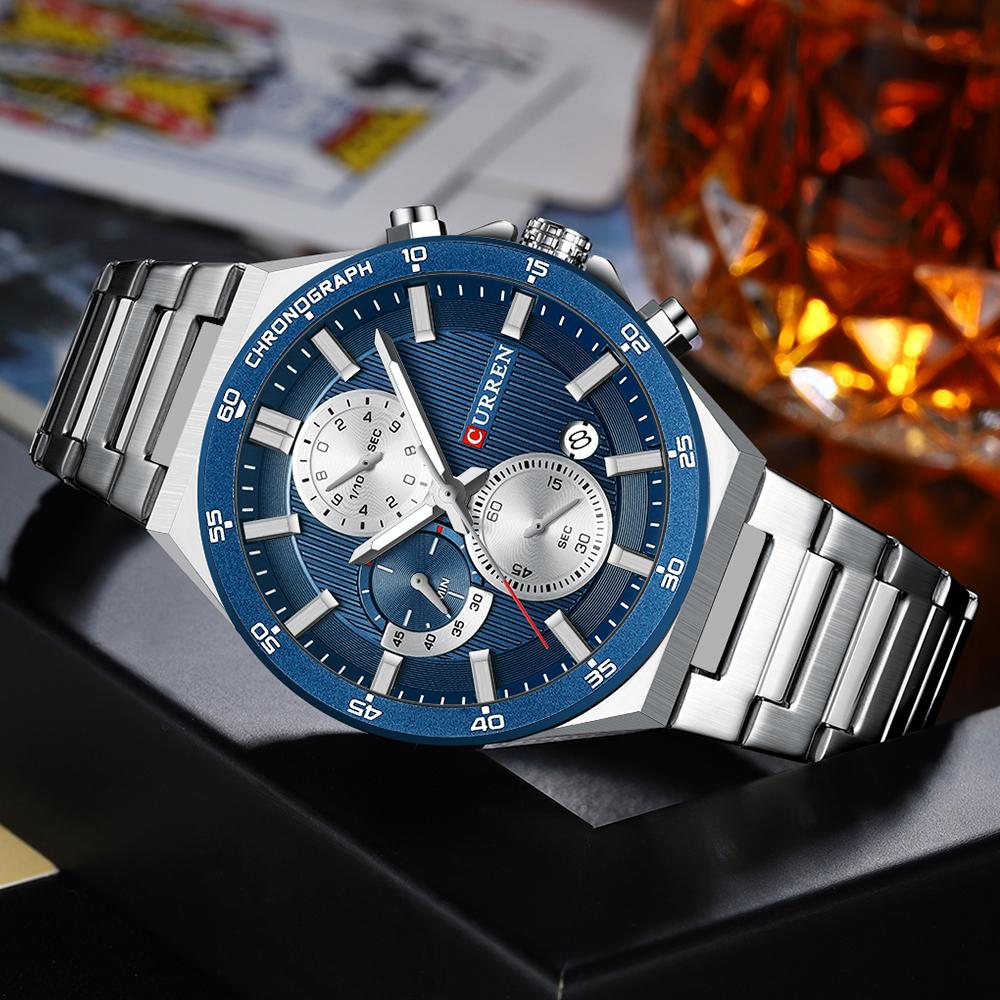CURREN Sporty Elegant 43mm Men's Chronograph Dial Watch with Stainless Steel Band Luminous Hands Quartzt Wristwatch for Men