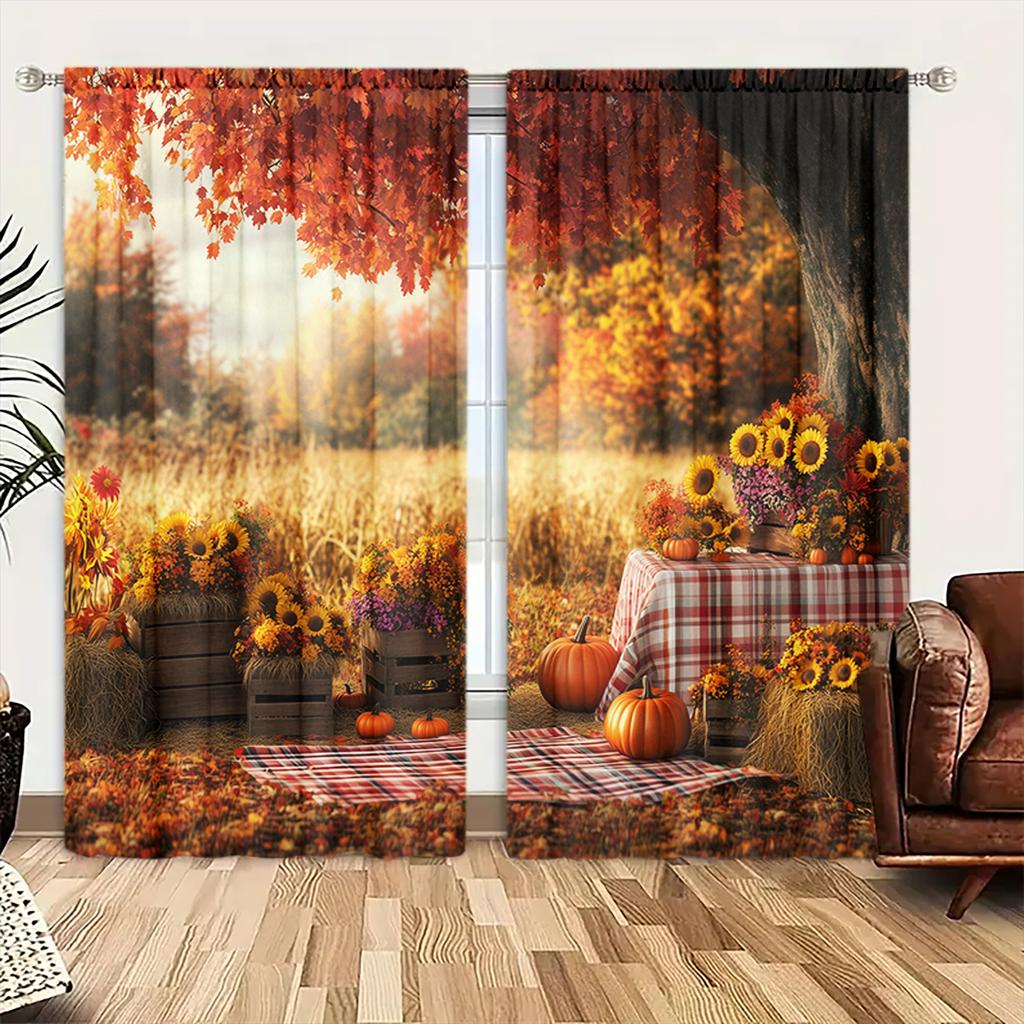 2 st Gardin med tryckt pumpamönster för skördefest heminredning - Kanalficka fönsterbehandling för sovrum, kontor, kök